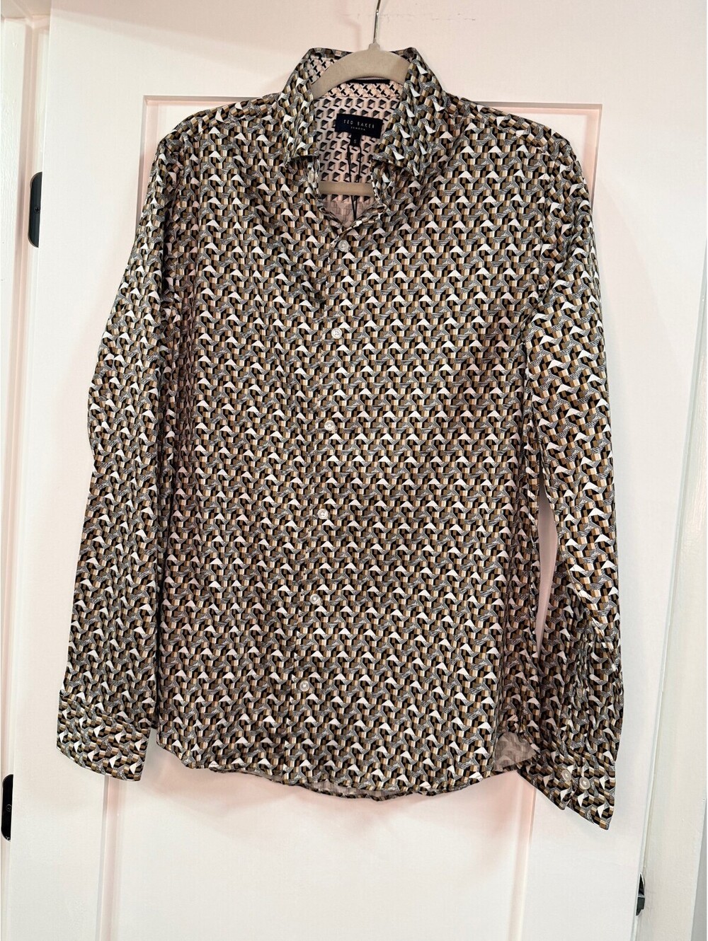 Ted Baker London Men's Small Geometric Print Long Sleeve Shirt Gold Black NWT